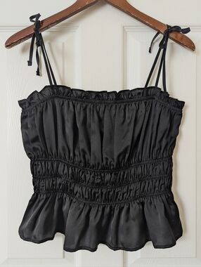 Miami Dainty Ruched Satin Square Neck Tie Strap Peplum Cropped Tank Top Black M